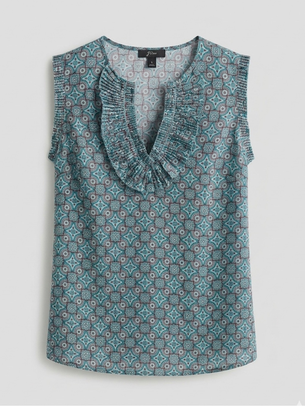 J Crew Silk Sleeveless Ruffle-Neck Printed Top